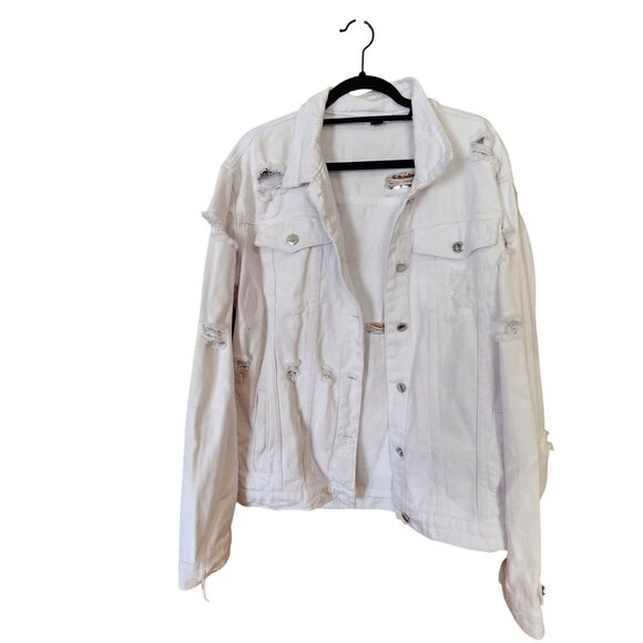 Mens White Distressed Denim Jacket XL By Manfinty - Picture 1 of 3